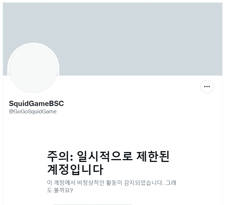 오징어게임(SQUID) 프로젝트 팀의 공식 트위터 계정. 현재는 정지된 계정으로 표시된다.(사진=트위터 갈무리)