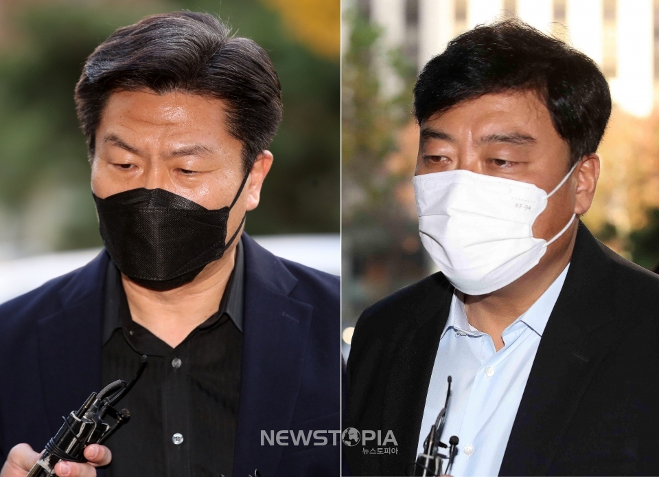 이임재(왼쪽) 전 용산경찰서장과 최성범 용산소방서장이 21일 서울 마포구 경찰 특별수사본부에 이태원 참사 피의자 신분으로 출석하고 있다. ⓒ뉴시스