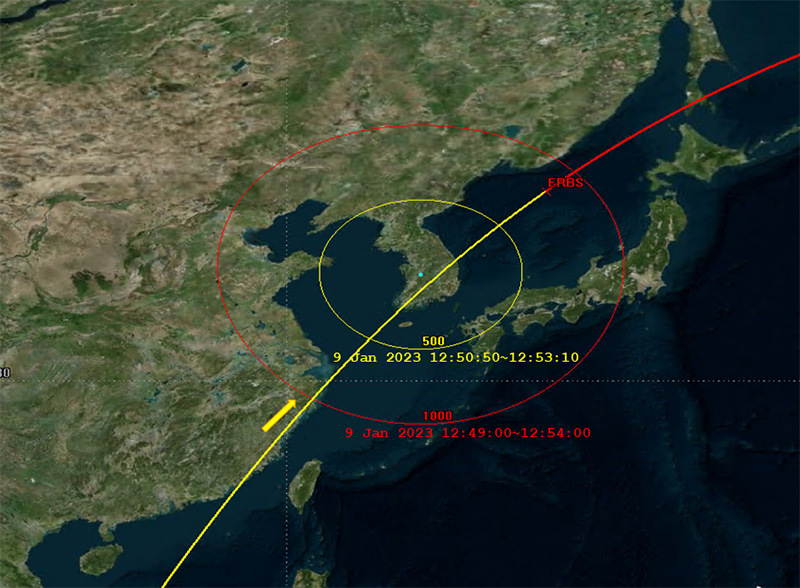 미국 지구관측위성 ERBS(Earth Radiation Budget Satellite)의 추락 예상 범위 내 한반도 통과 예측 궤적. 2023.01.09 ⓒ과학기술정보통신부
