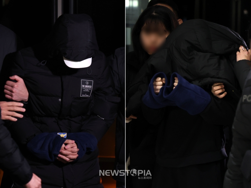 경복궁 낙서테러 용의자 10대 남녀가 19일 수원에서 체포돼 서울 종로경찰서로 압송되고 있다. ⓒ뉴시스