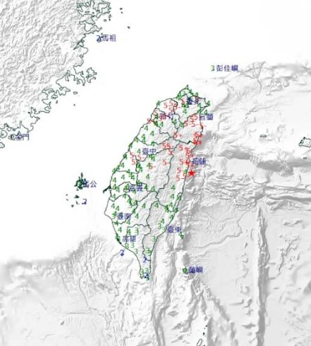 대만 동부 화롄현 인근 해역에서 3일 오전 7시58분(한국시간 8시58분)께 규모 7.2 강진이 발생했다.(출처: 대만 중앙기상서 홈페이지 캡처)