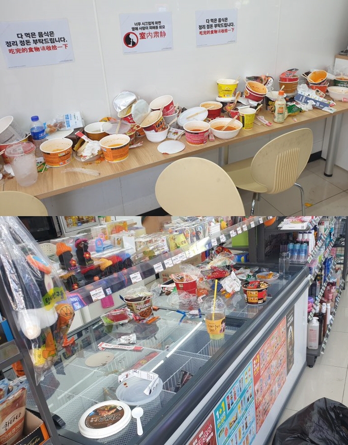 제주도에 방문한 일부 중국인 관광객들의 민폐 행동이 연일 논란인 가운데, 이번에 또 제주의 한 편의점에서 중국인 관광객들이 쓰레기를 산더미처럼 쌓아놓고 가버린 이른바 '쓰레기 테러'를 해 공분을 사고 있다. (사진=온라인 커뮤니티)