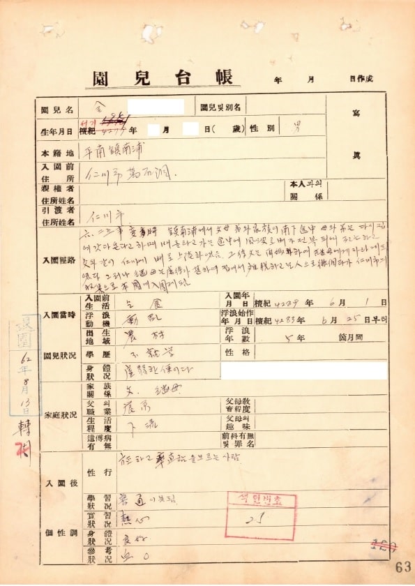 정모씨가 제공한 선감학원 피수용자 김모씨의 원아대장 일부. (사진=진실화해위원회 제공)