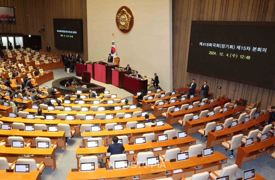 윤석열 대통령이 긴급 대국민 담화를 통해 비상계엄령을 발표한 가운데 4일 새벽 서울 여의도 국회에서 우원식 국회의장 주재로 본회의가 열리고 있다.ⓒ뉴시스