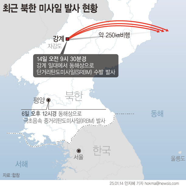 14일 합동참모본부에 따르면 우리 군은 오전 9시 30분경 북한 자강도 강계 일대에서 동해상으로 발사된 단거리탄도미사일 수발을 포착했다. 북한이 미사일 생산기지 등 각종 군수공장이 밀집한 자강도 일대에서 SRBM을 발사한 것은 이번이 처음이다. (그래픽=안지혜 기자)ⓒ뉴시스